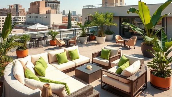 Luxurious hotel rooftop terrace with stylish seating and plants