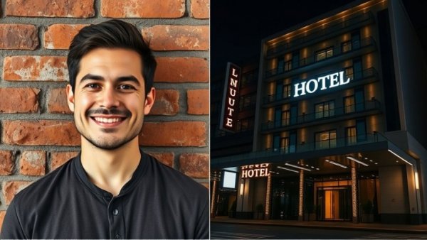 Luxury city hotel exterior with man smiling in foreground