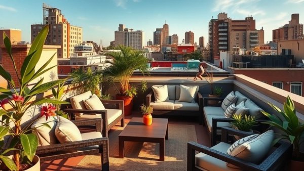 Stylish rooftop terrace at coliving hotel with lush plants and seating.