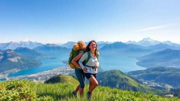 Active tourism in the Alpe Adria region: couple hiking with scenic lake view.