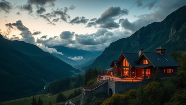 Luxury mountain retreat in a scenic valley at twilight