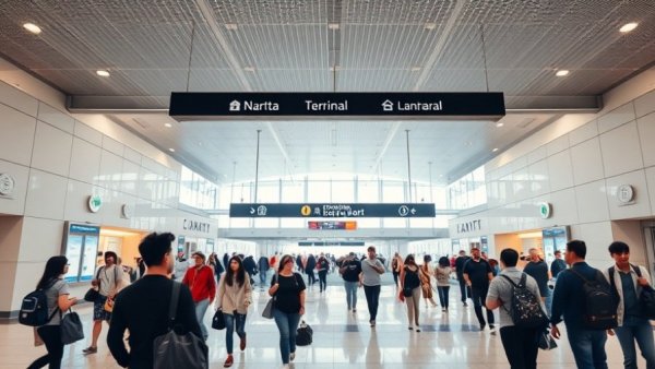 Travelers navigate Narita Airport terminal to get from Narita Airport to Central Tokyo.