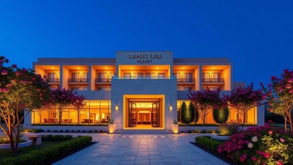 Modern luxurious resort under twilight, ideal for luxury wellness honeymoons.