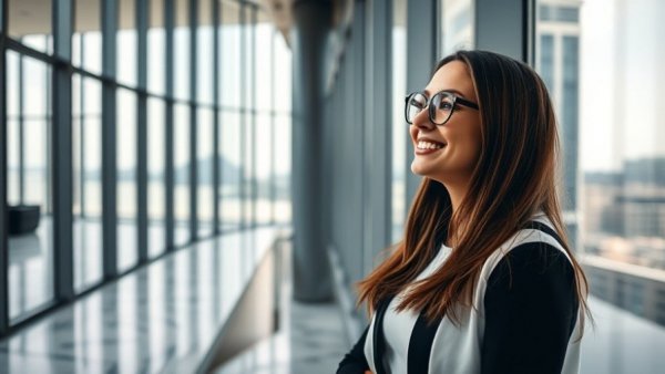 Smiling woman in modern interior at Hyatt's branded residences.