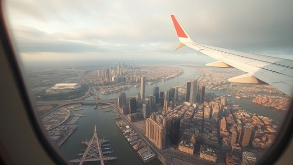 Scenic view from airplane window showing cityscape below and airplane wing.