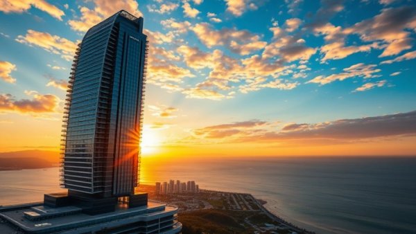World's tallest hotel with stunning sunset view over a coastal cityscape.