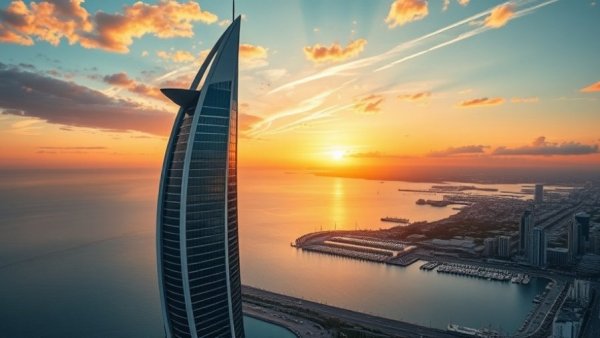 World's tallest hotel skyscraper at sunset near water.