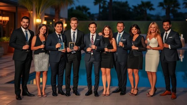 Luxury travel leaders celebrating at an award event by a pool.