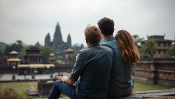 Travel podcast cover with couple at ancient temple.