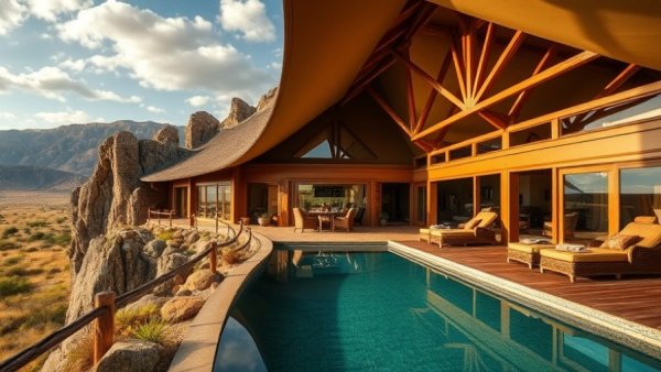 Luxury safari lodge with pool in African savanna landscape.