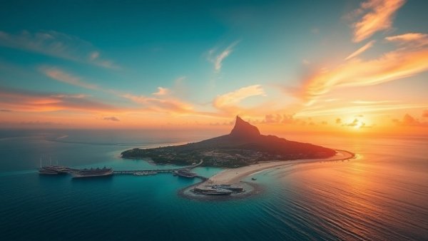 Sunset over tropical island resort with vibrant sky, serene waters.