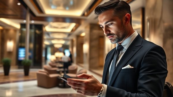 Businessman using smartphone in luxury hotel lobby, showcasing technology transformation.