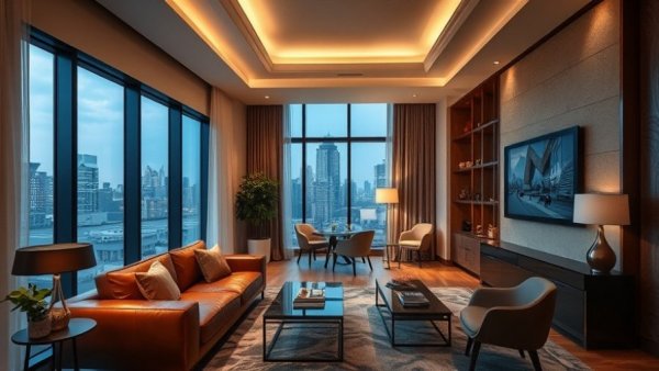 Luxury hotel suite in Austin with stylish decor and city view.