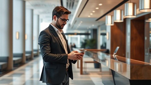 Man using digital guest services at bespoke hotel reception.