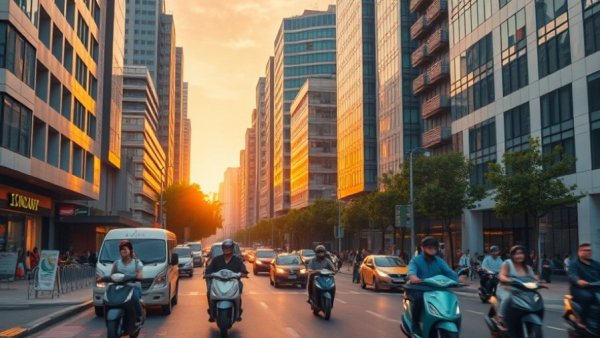 Vibrant urban street with sunset traffic in tourist-friendly city.