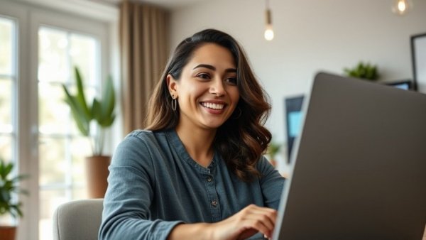 Smiling woman hosting live Q&A, valuing independent hotels, interactive session.