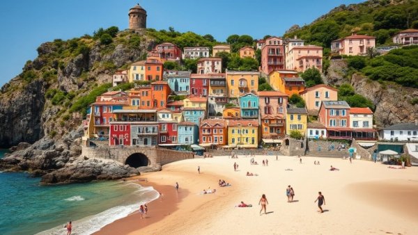 Charming coastal village in Portugal with sandy beach, colorful houses, Portugal Golden Visa Fund for Americans