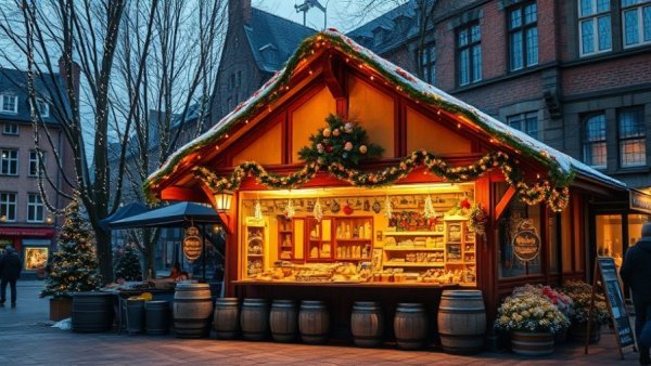 Charming Christmas market stall with festive barrels at Winchester Christmas Market 2025.