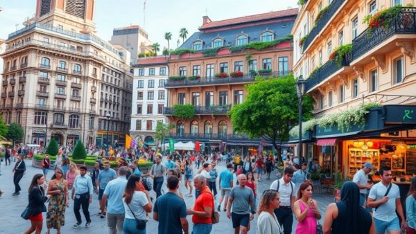 Luxury Hotels in Edinburgh: Animated city square with vibrant scene.