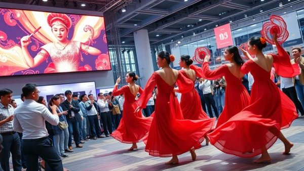 Vibrant cultural dance at a travel exhibition showcasing global leisure travel opportunity.