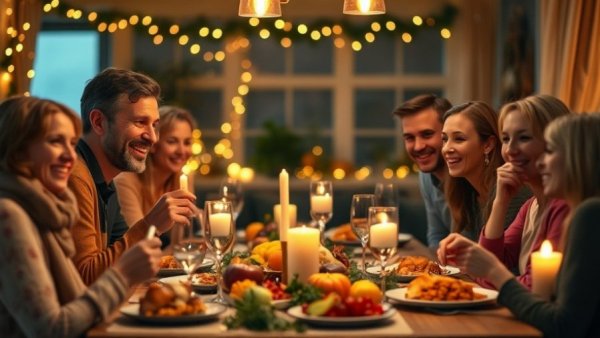 Cozy Thanksgiving celebration with a candle and Happy Thanksgiving sign.