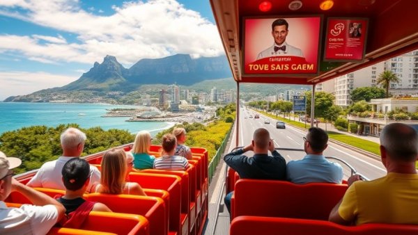 Open-top bus on Cape Town coastal road with Table Mountain.