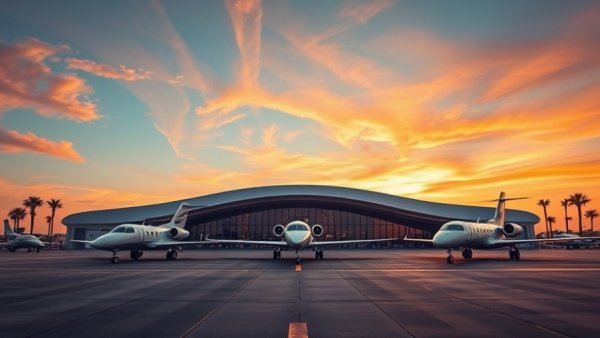 Futuristic Dubai private aviation terminal with sleek aircraft at sunset.