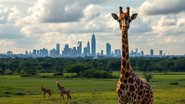 Giraffe and Nairobi skyline at Nairobi National Park, 24-Hour Nairobi Itinerary.