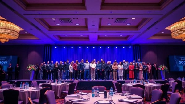 Hotel conference event with large group on stage, vibrant setting.