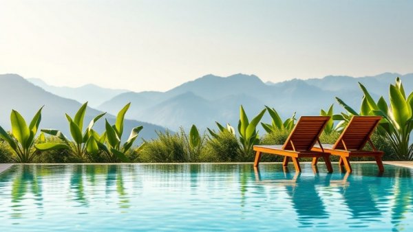 Luxurious poolside view with mountains in a serene setting.