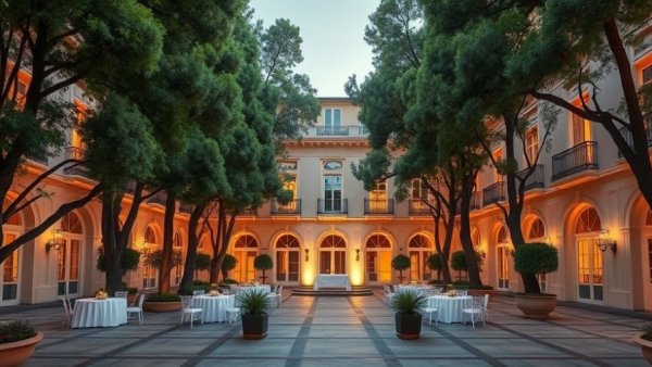 Courtyard of luxury hotels in Napa Valley with elegant event setup.
