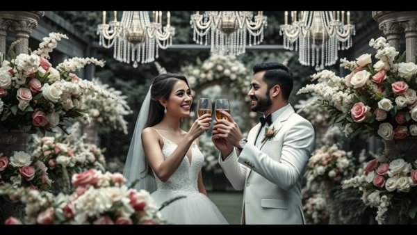Elegant couple toasting at dream Bali destination wedding.
