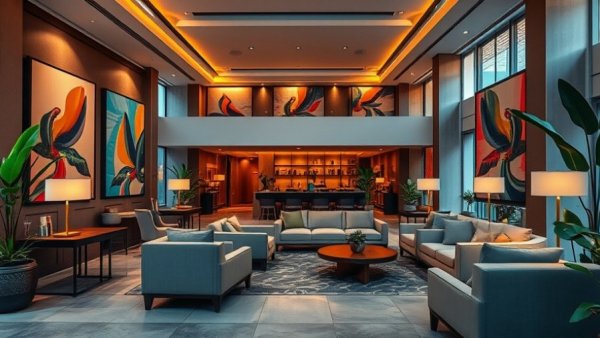 Luxury hotel lounge with stylish decor and warm lighting.