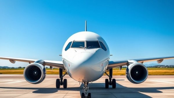 Airbus A320 on tarmac under blue sky.