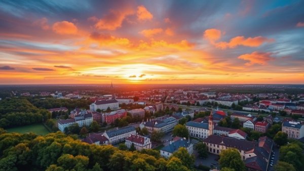 Vilnius VitiNord 2025 event aerial cityscape, sunset view.