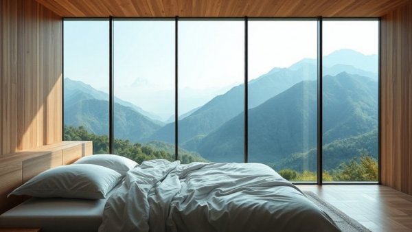 Modern bedroom with a large window and mountain view, highlighting Cyber Monday mattress deals.