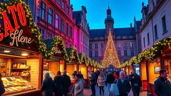 Evening scene at European Christmas market with festive lights.