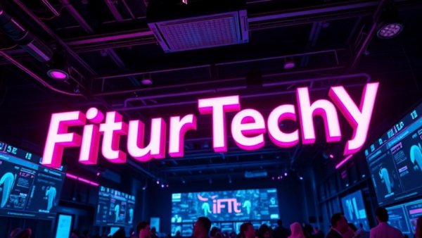 Futuristic FiturTechY sign at tech conference, hotel technology
