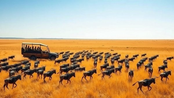 Expansive savanna during Kenyan safaris with wildebeests and safari vehicle.