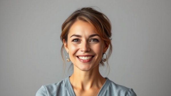 Professional portrait of a smiling woman, grey background