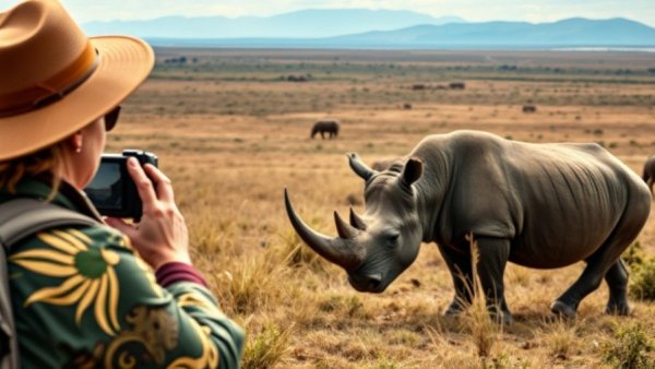 Adventurous wildlife safari, two people observing rhinos in African savanna.