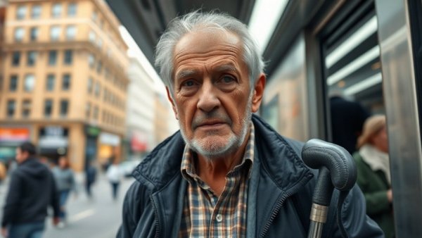 Elderly man using a cane to board public transport, emphasizing accessibility guidelines for tourism businesses.