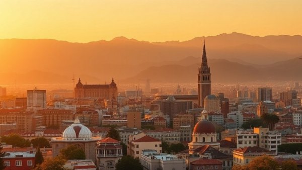 Luxury travel to Barcelona: Stunning sunset cityscape with landmarks.