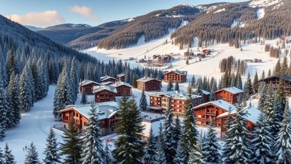 Charming luxury ski town in Colorado with snowy landscape.