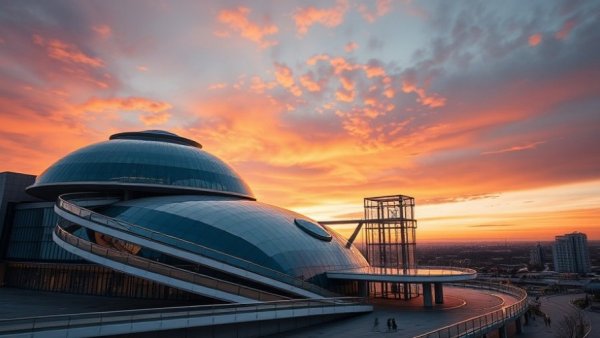 Futuristic design by world famous architects with spiral ramp and dome.