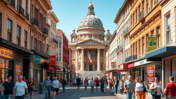 View of a busy street in Rome with people heading towards a grand building.