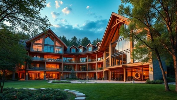 Modern luxury hotel at sunset with elegant architecture