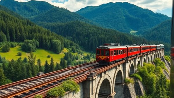 Luxury game set displayed over alpine train journey with red train.