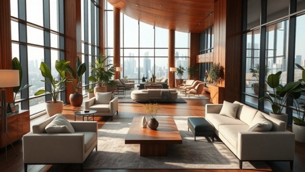 Elegant modern hotel lounge with natural decor and city view.