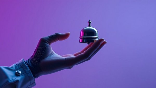 Futuristic AI hand with service bell, AI guest management in luxury hotels.